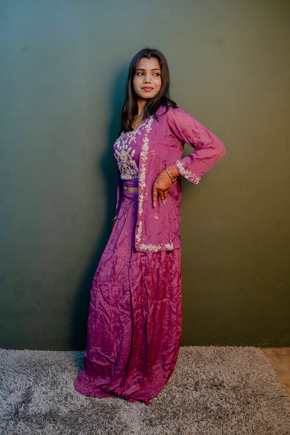 Elegant Purple Thread Work Indo-Western 3-Piece Set