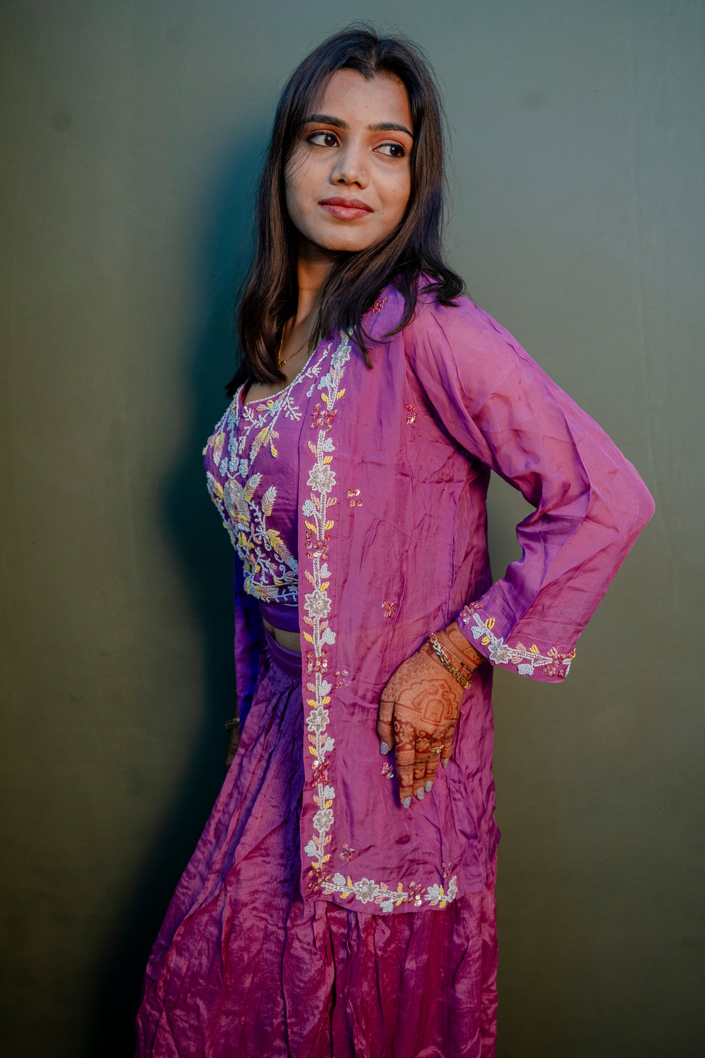 Elegant Purple Thread Work Indo-Western 3-Piece Set