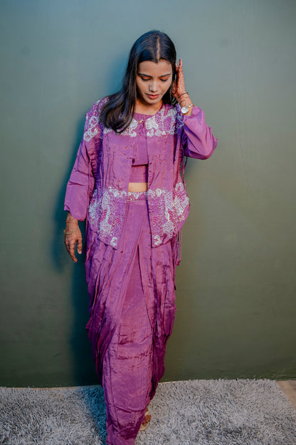 Elegant Purple Thread Work Indo-Western 3-Piece Set