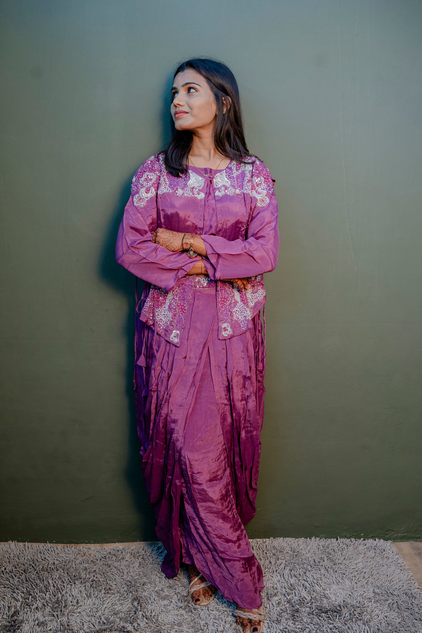 Elegant Purple Thread Work Indo-Western 3-Piece Set