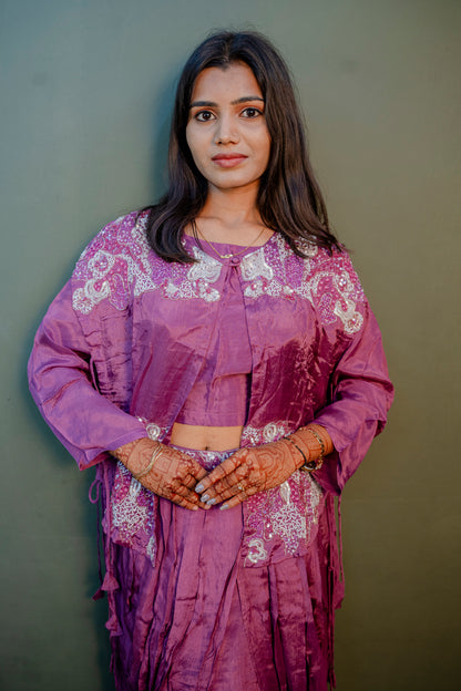 Elegant Purple Thread Work Indo-Western 3-Piece Set