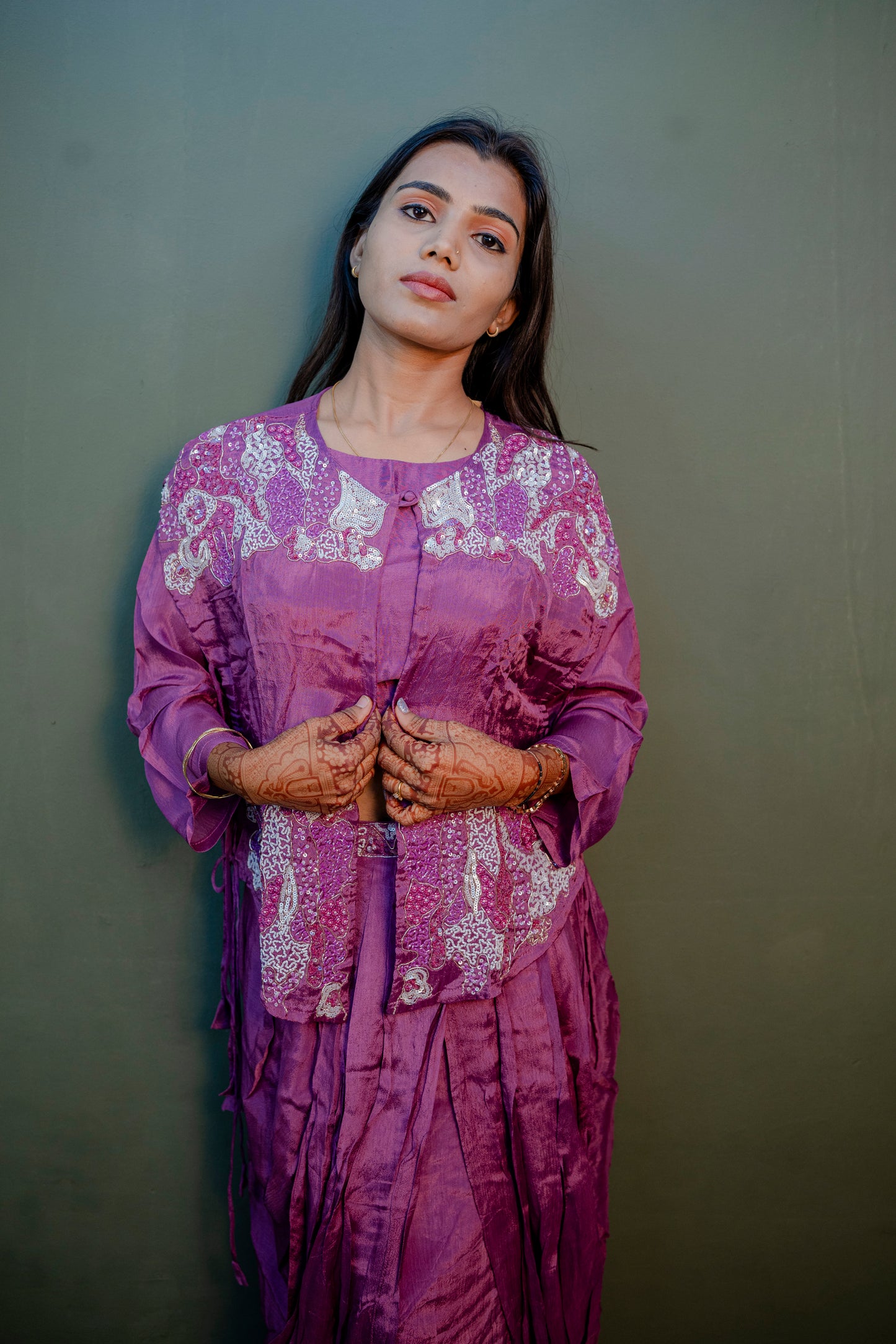 Elegant Purple Thread Work Indo-Western 3-Piece Set