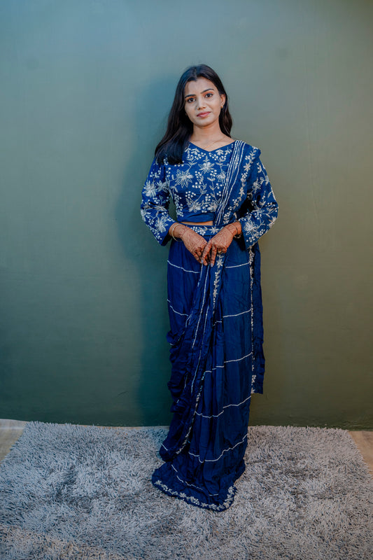 Elegant Navy Blue Thread Work Indo-Western 3-Piece Set