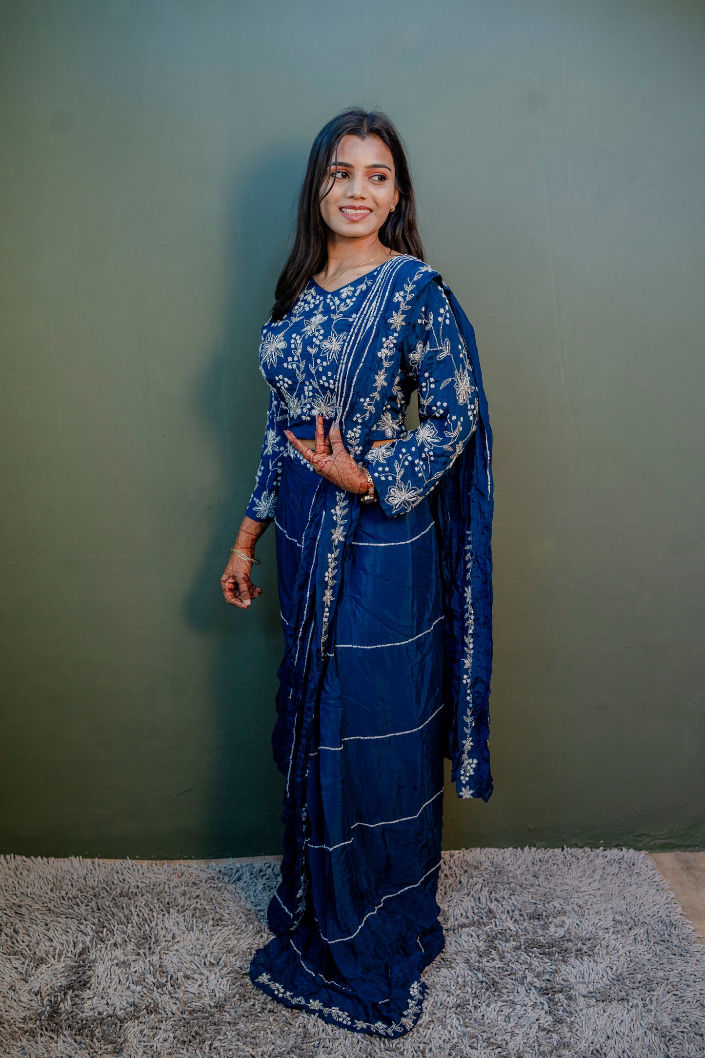 Elegant Navy Blue Thread Work Indo-Western 3-Piece Set