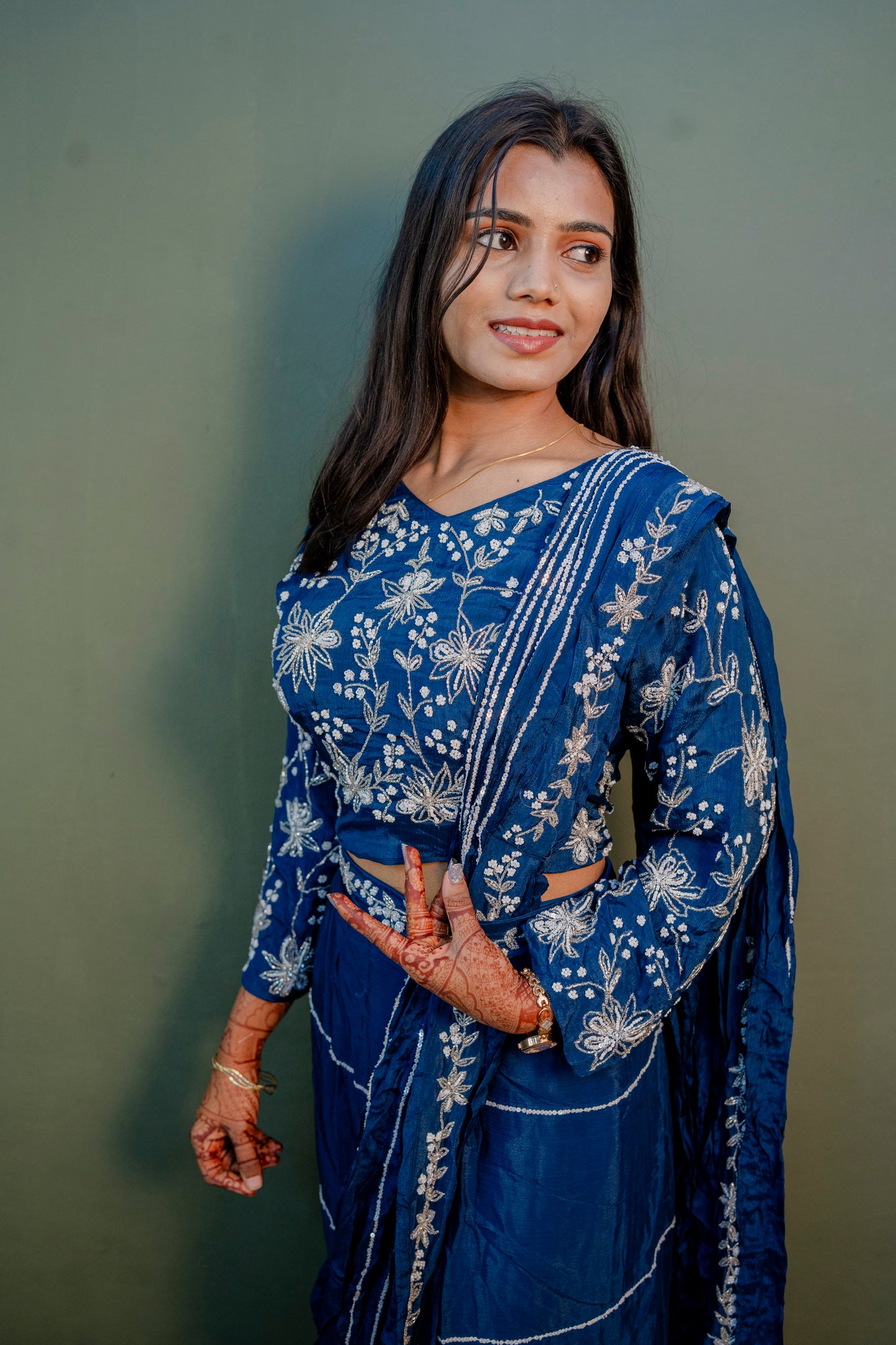 Elegant Navy Blue Thread Work Indo-Western 3-Piece Set