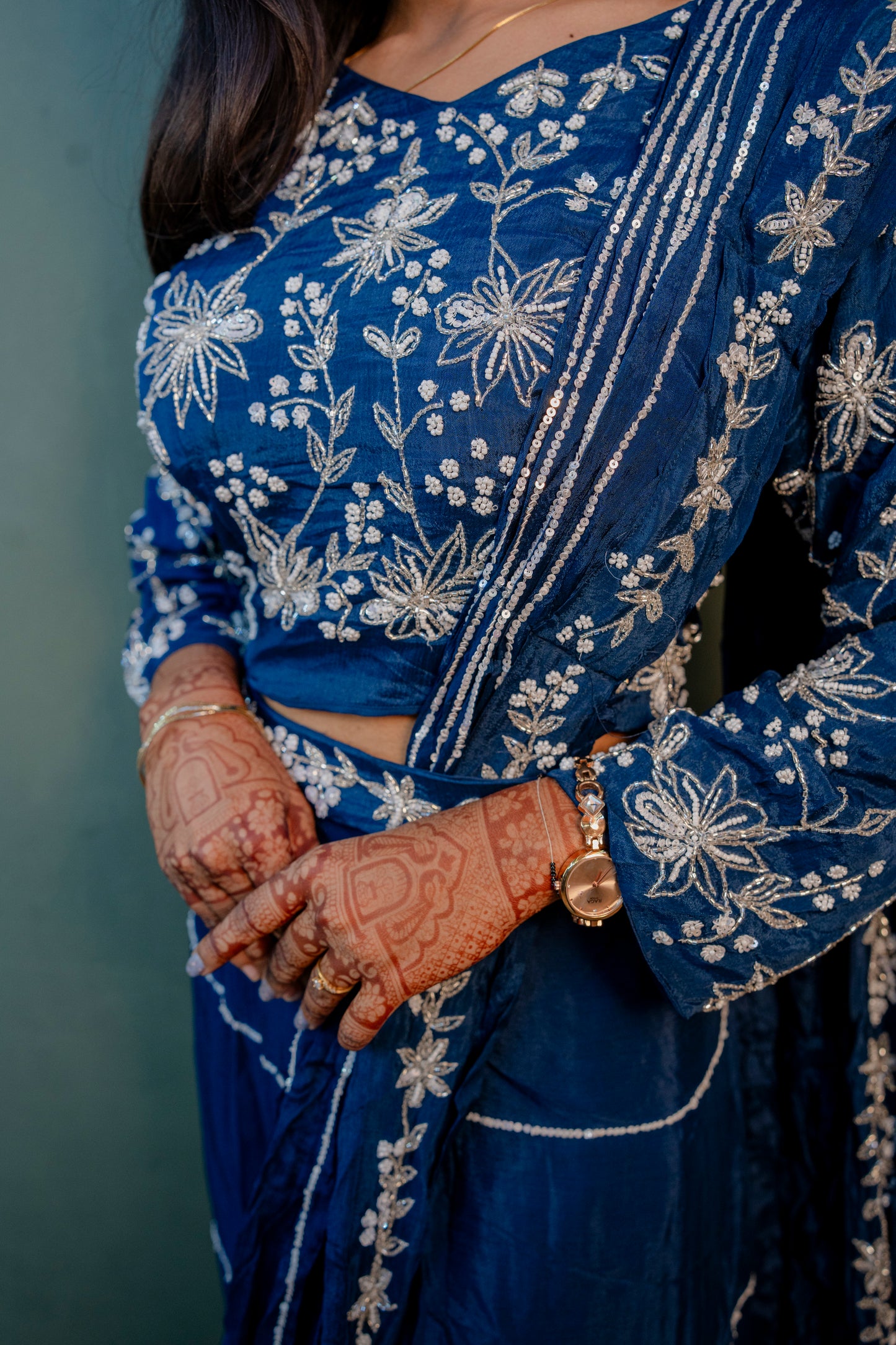 Elegant Navy Blue Thread Work Indo-Western 3-Piece Set