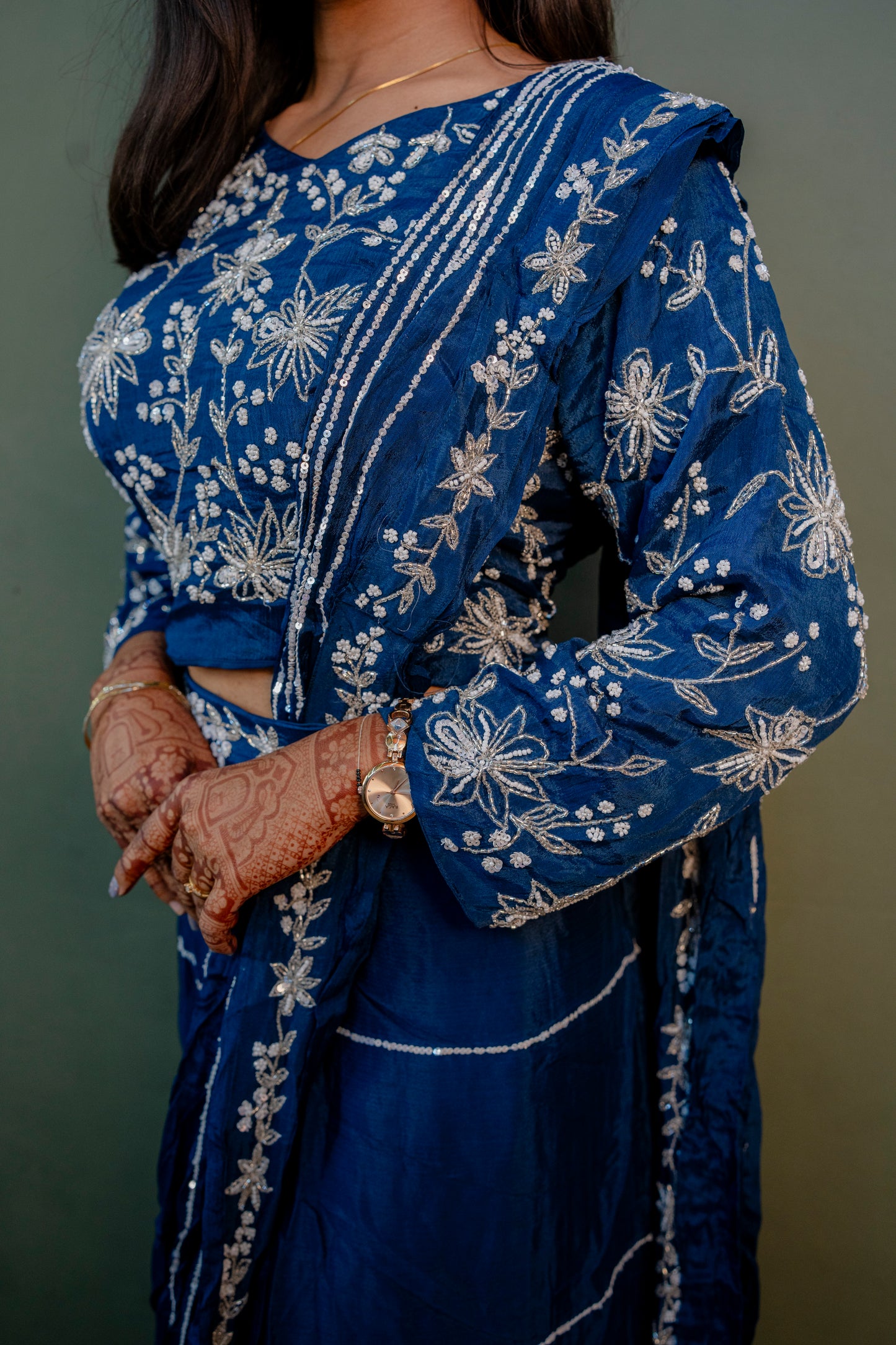 Elegant Navy Blue Thread Work Indo-Western 3-Piece Set