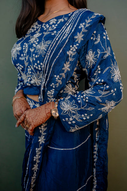 Elegant Navy Blue Thread Work Indo-Western 3-Piece Set