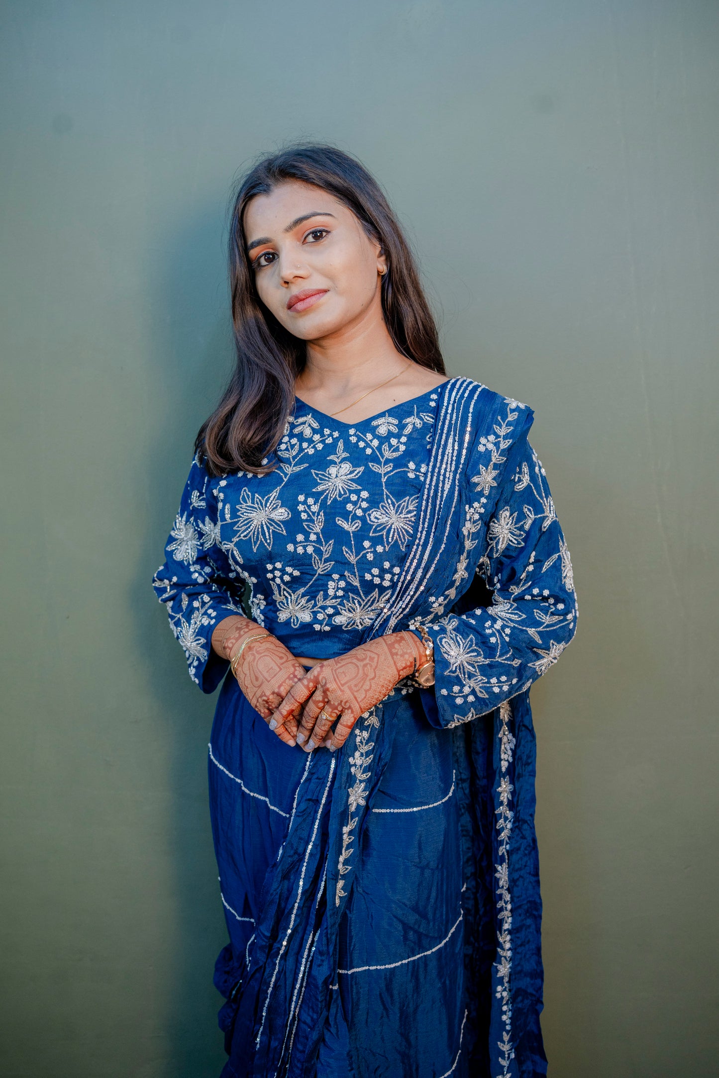 Elegant Navy Blue Thread Work Indo-Western 3-Piece Set