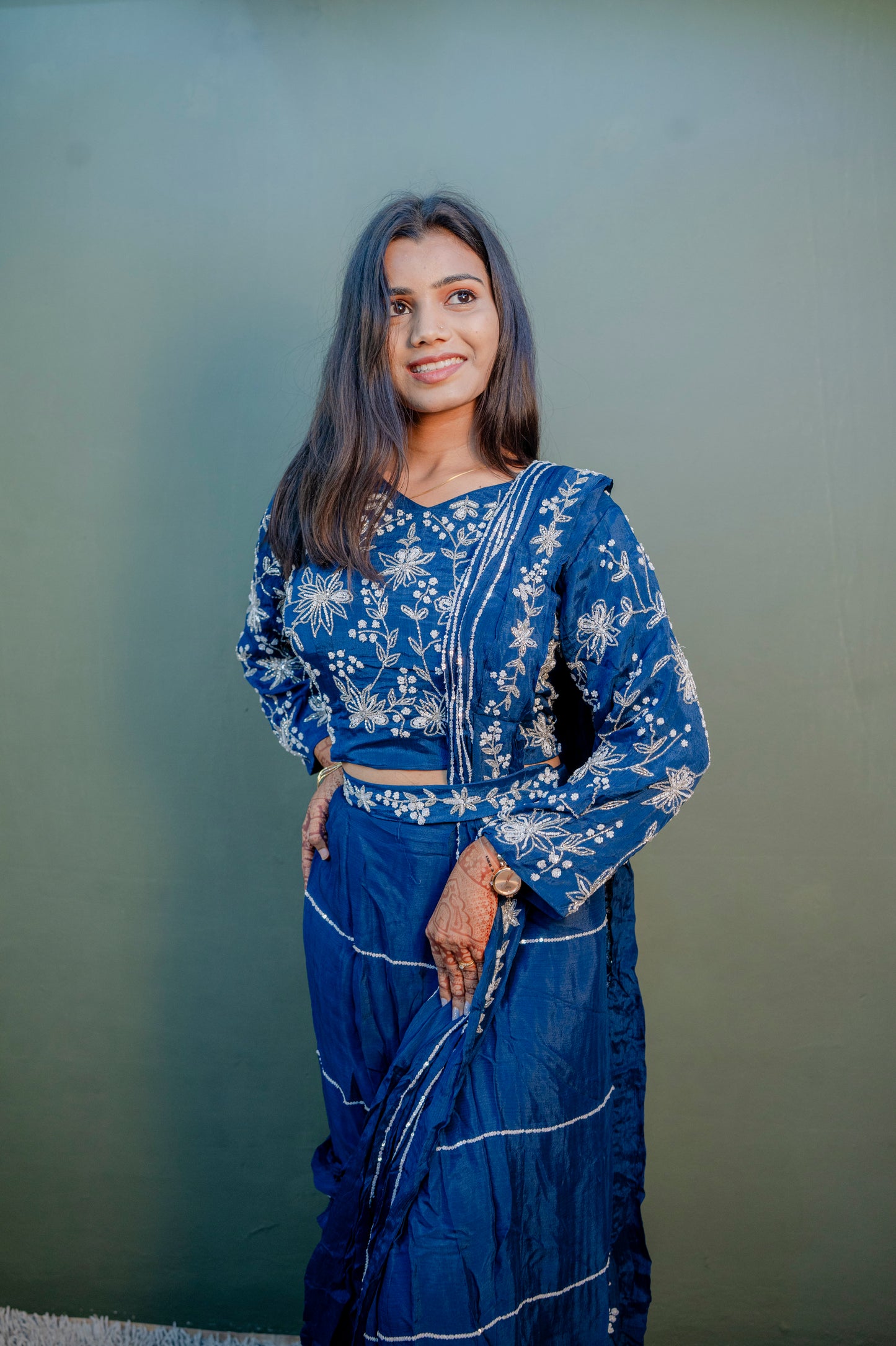 Elegant Navy Blue Thread Work Indo-Western 3-Piece Set