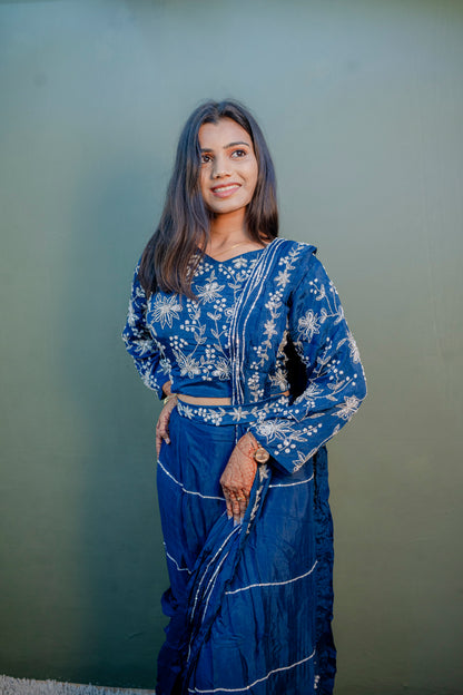 Elegant Navy Blue Thread Work Indo-Western 3-Piece Set