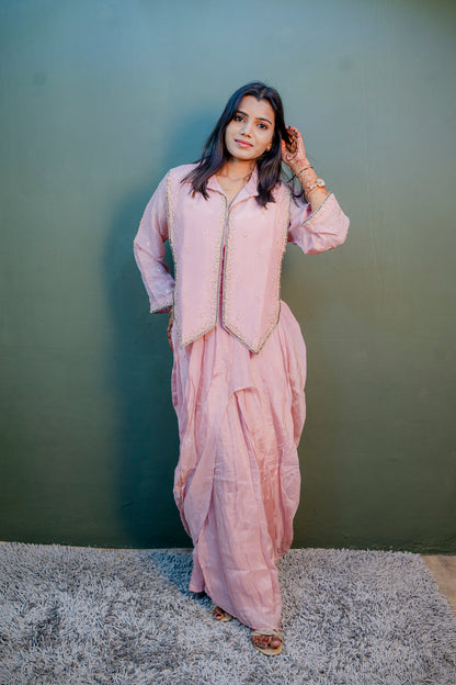 Elegant Peach Thread Work Indo-Western 3-Piece Set