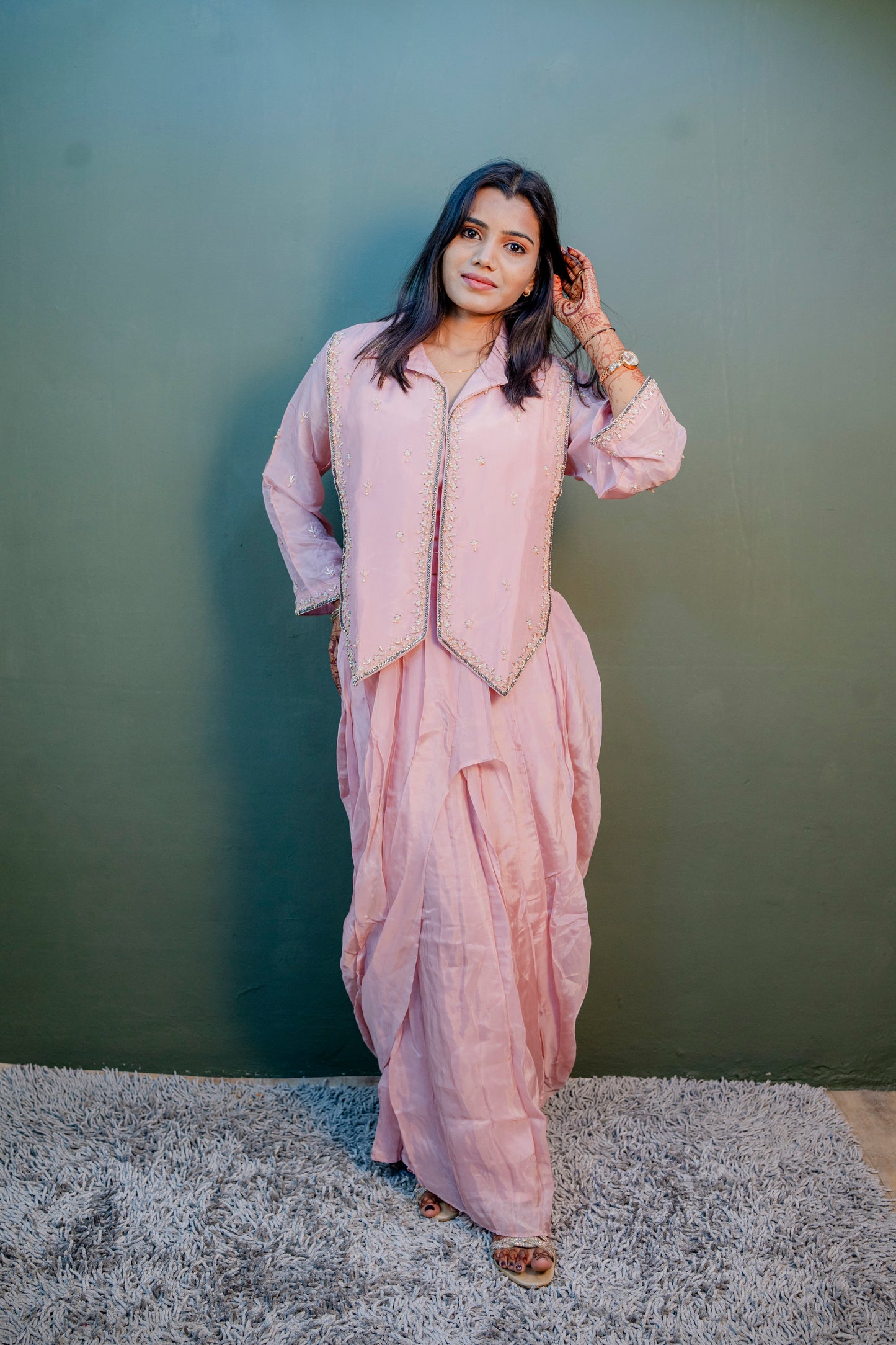 Elegant Peach Thread Work Indo-Western 3-Piece Set