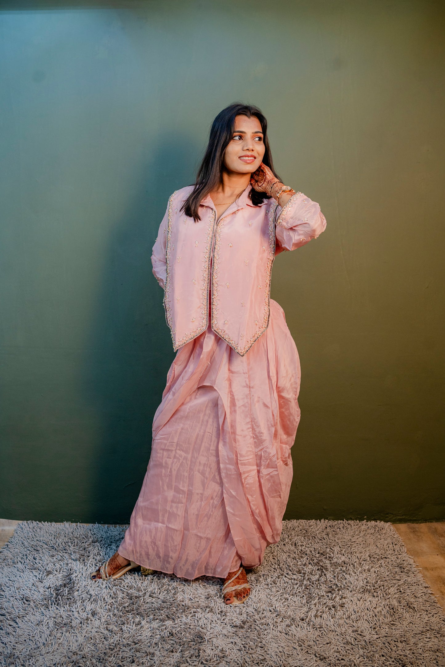 Elegant Peach Thread Work Indo-Western 3-Piece Set