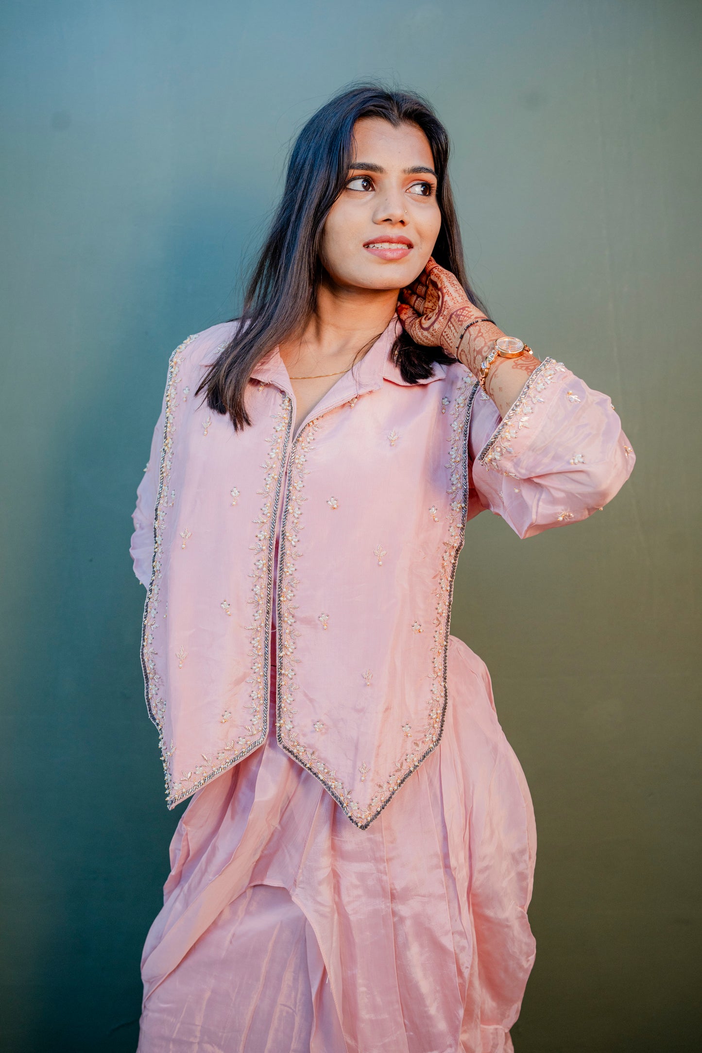 Elegant Peach Thread Work Indo-Western 3-Piece Set