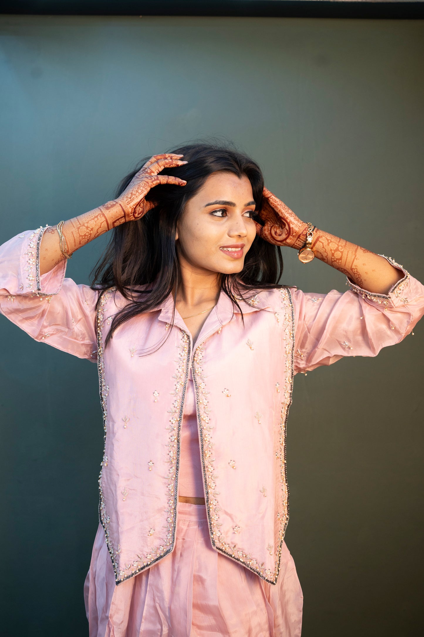 Elegant Peach Thread Work Indo-Western 3-Piece Set