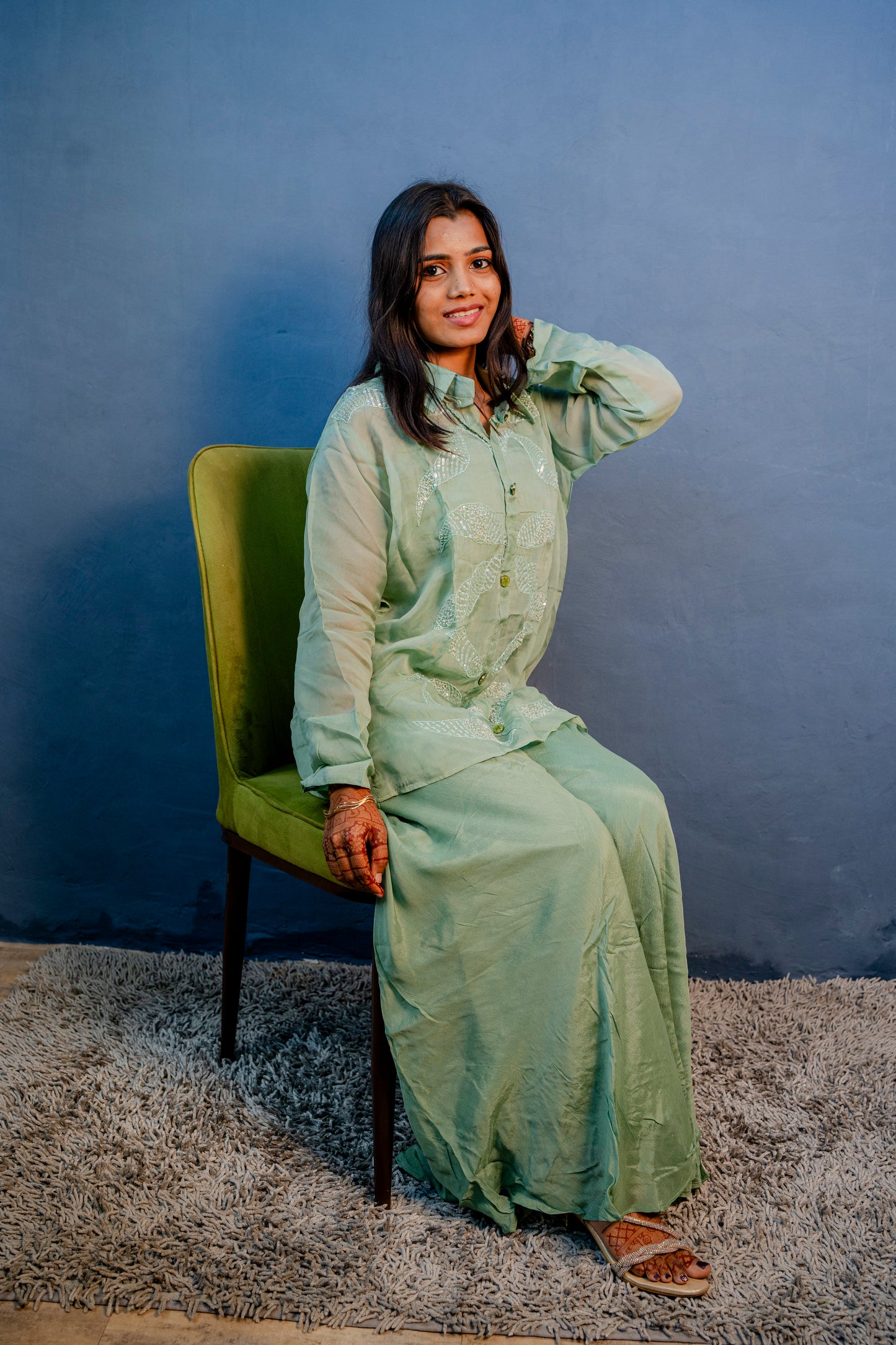 Ethereal Mint Green Piping Work Indo-Western 3-Piece Set