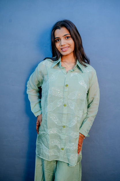 Ethereal Mint Green Piping Work Indo-Western 3-Piece Set