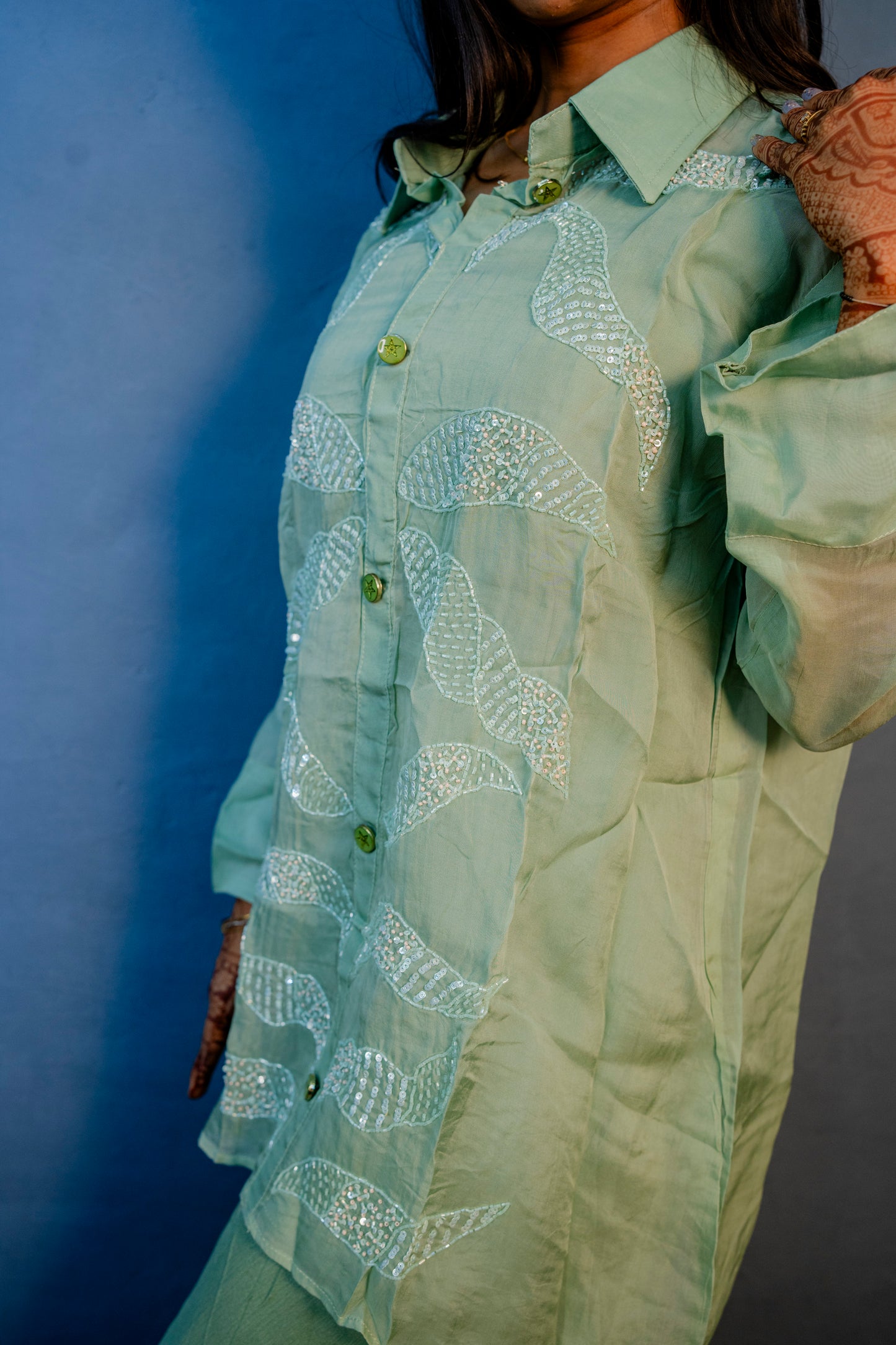 Ethereal Mint Green Piping Work Indo-Western 3-Piece Set