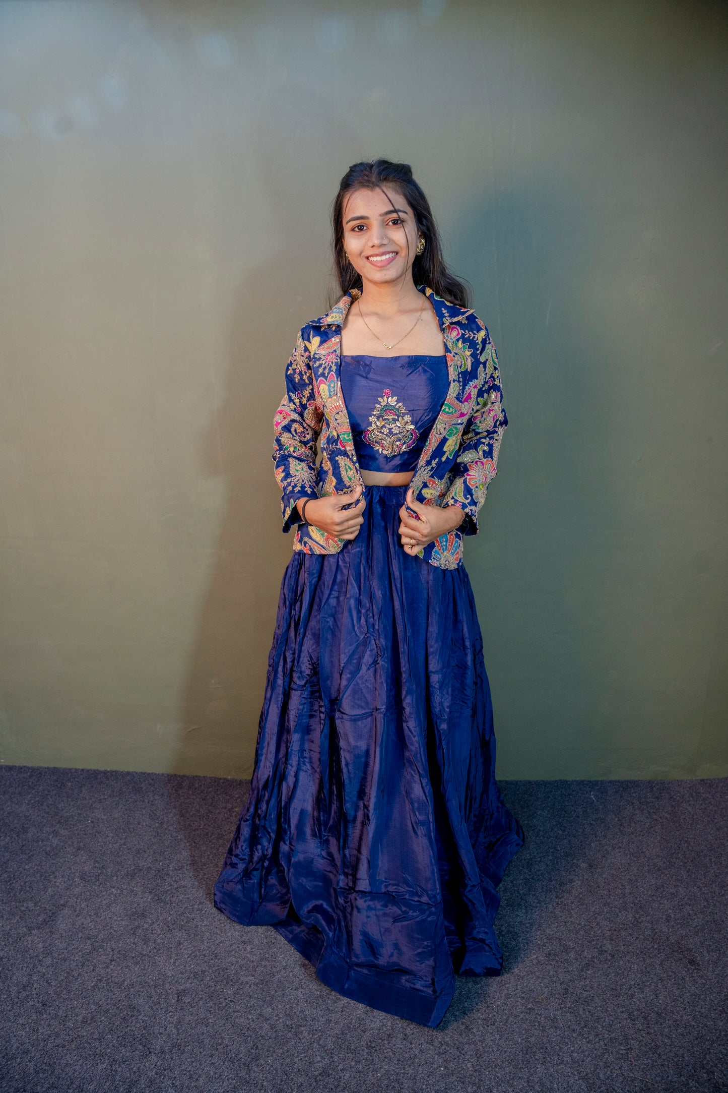 Opulent Blue Piping & Stone Work Indo-Western 3-Piece Set