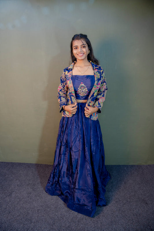 Opulent Blue Piping & Stone Work Indo-Western 3-Piece Set