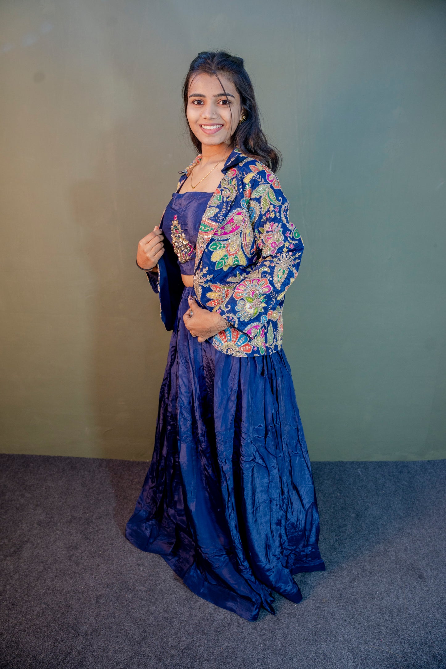 Opulent Blue Piping & Stone Work Indo-Western 3-Piece Set