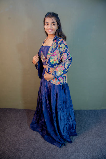 Opulent Blue Piping & Stone Work Indo-Western 3-Piece Set