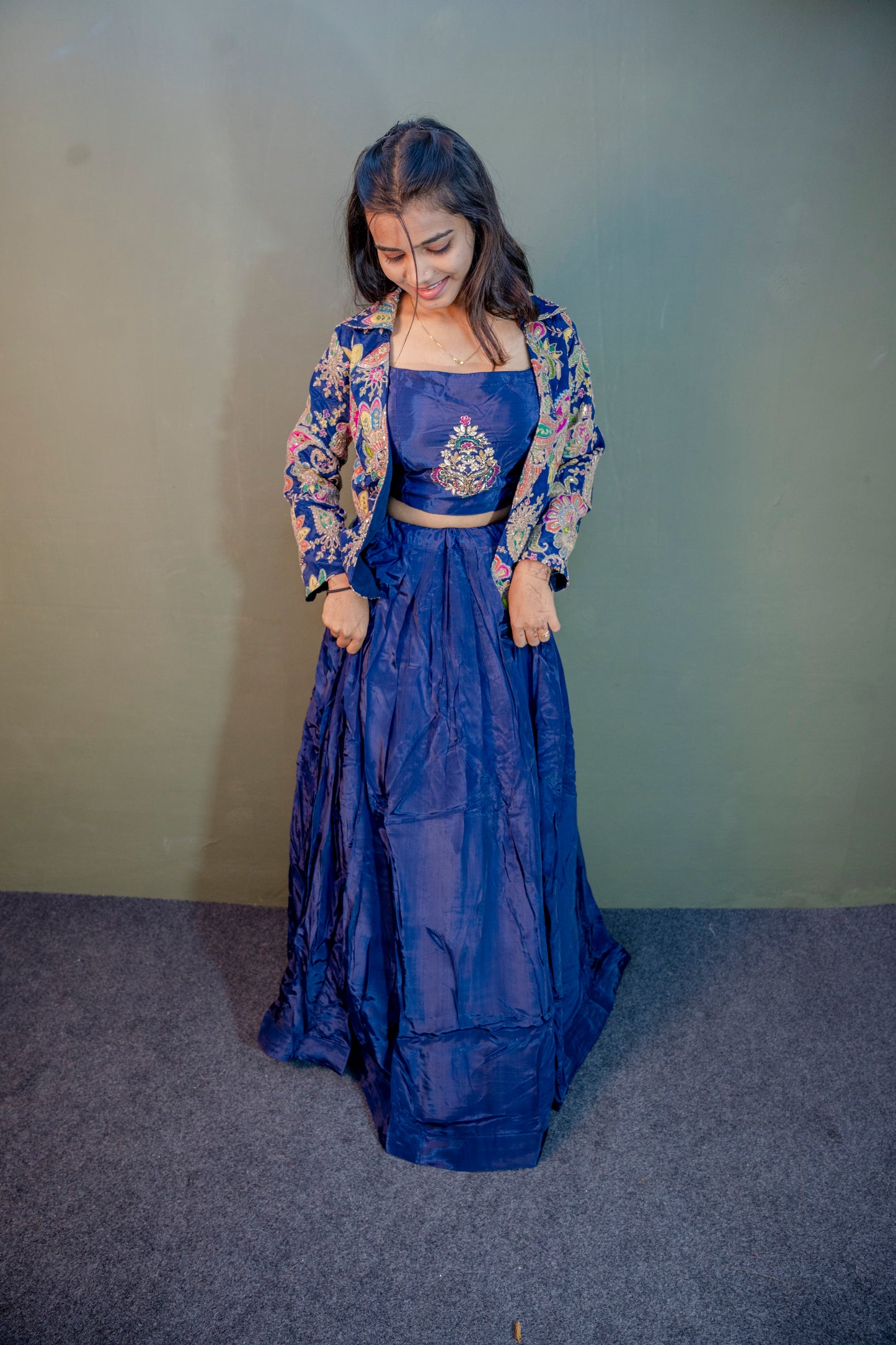 Opulent Blue Piping & Stone Work Indo-Western 3-Piece Set