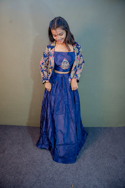 Opulent Blue Piping & Stone Work Indo-Western 3-Piece Set