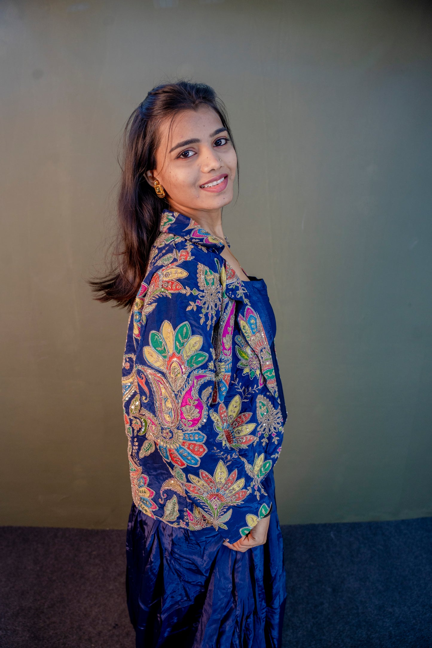 Opulent Blue Piping & Stone Work Indo-Western 3-Piece Set