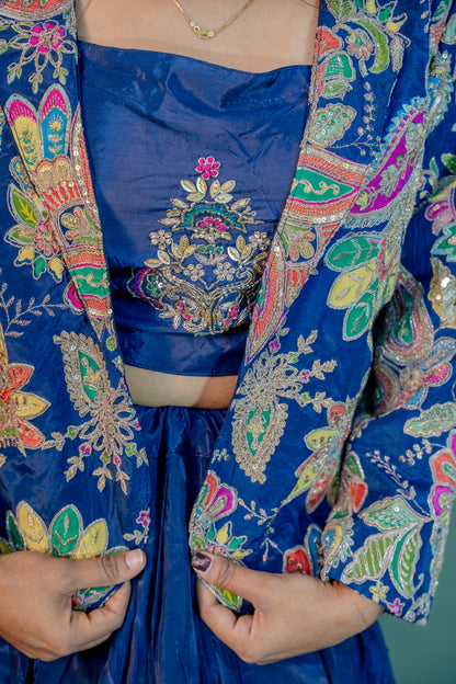 Opulent Blue Piping & Stone Work Indo-Western 3-Piece Set