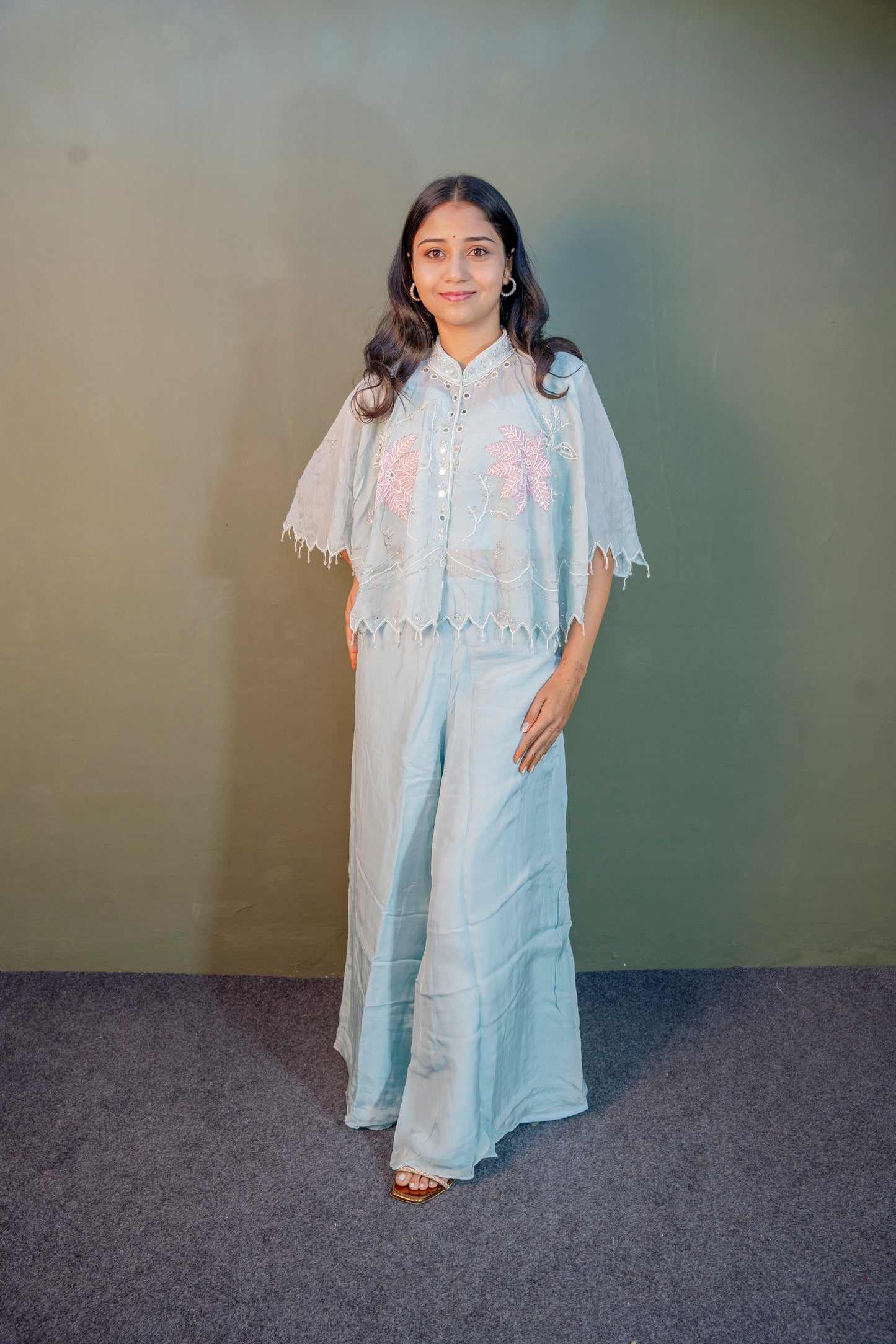 Serene Sky Blue Piping & Stone Work Indo-Western 3-Piece Set