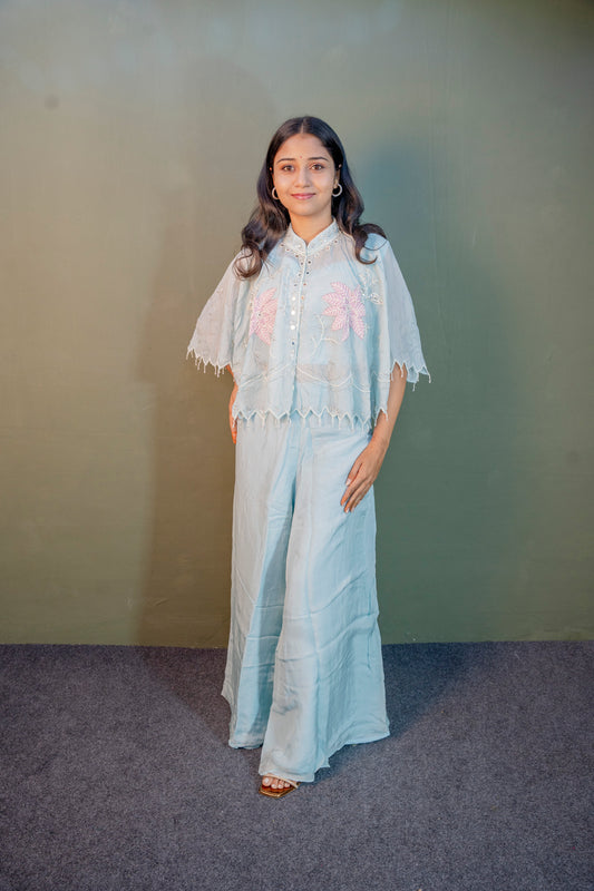 Serene Sky Blue Piping & Stone Work Indo-Western 3-Piece Set