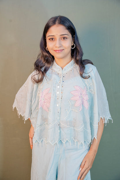 Serene Sky Blue Piping & Stone Work Indo-Western 3-Piece Set