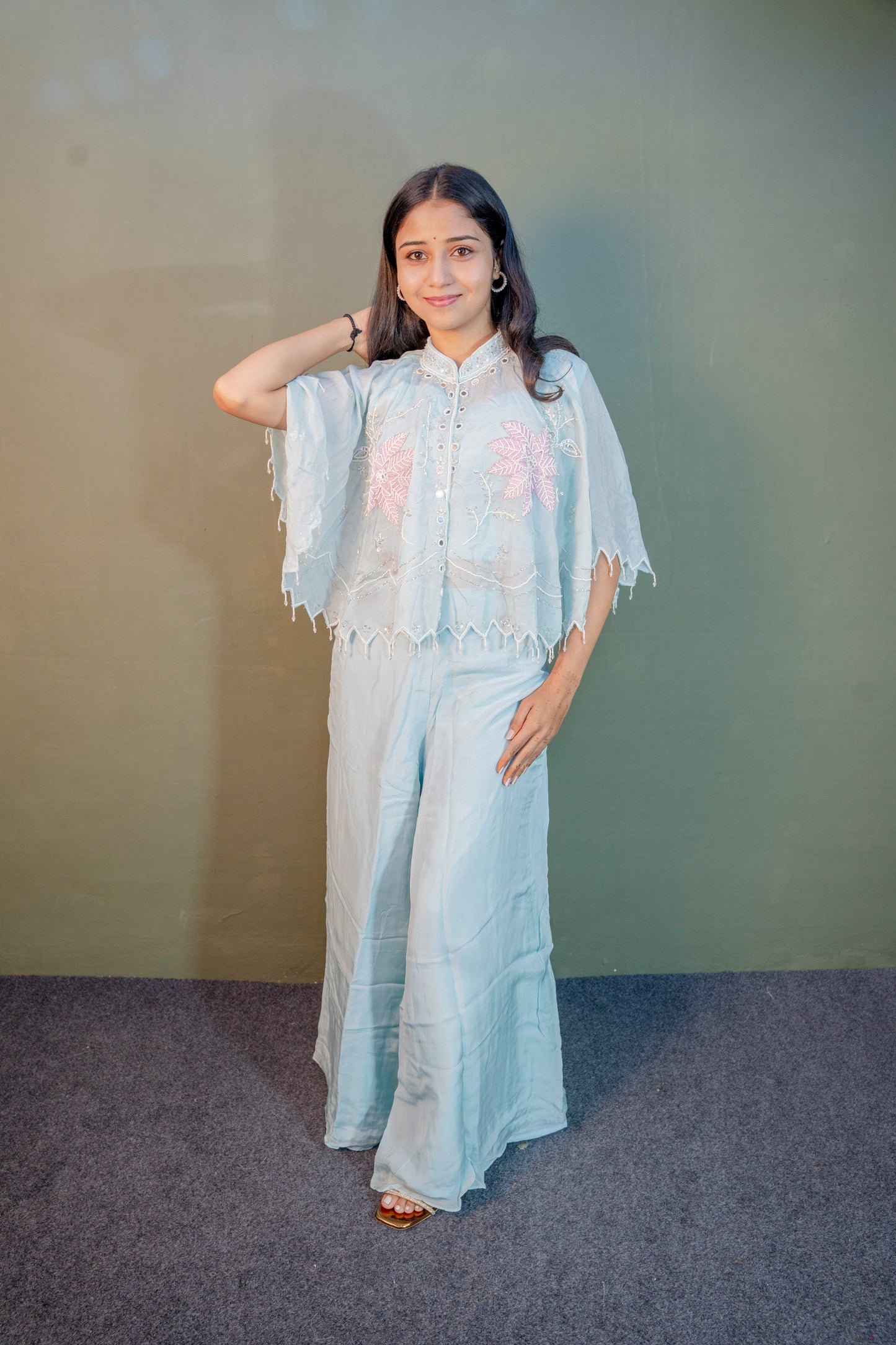 Serene Sky Blue Piping & Stone Work Indo-Western 3-Piece Set