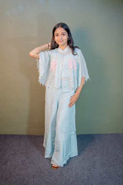 Serene Sky Blue Piping & Stone Work Indo-Western 3-Piece Set