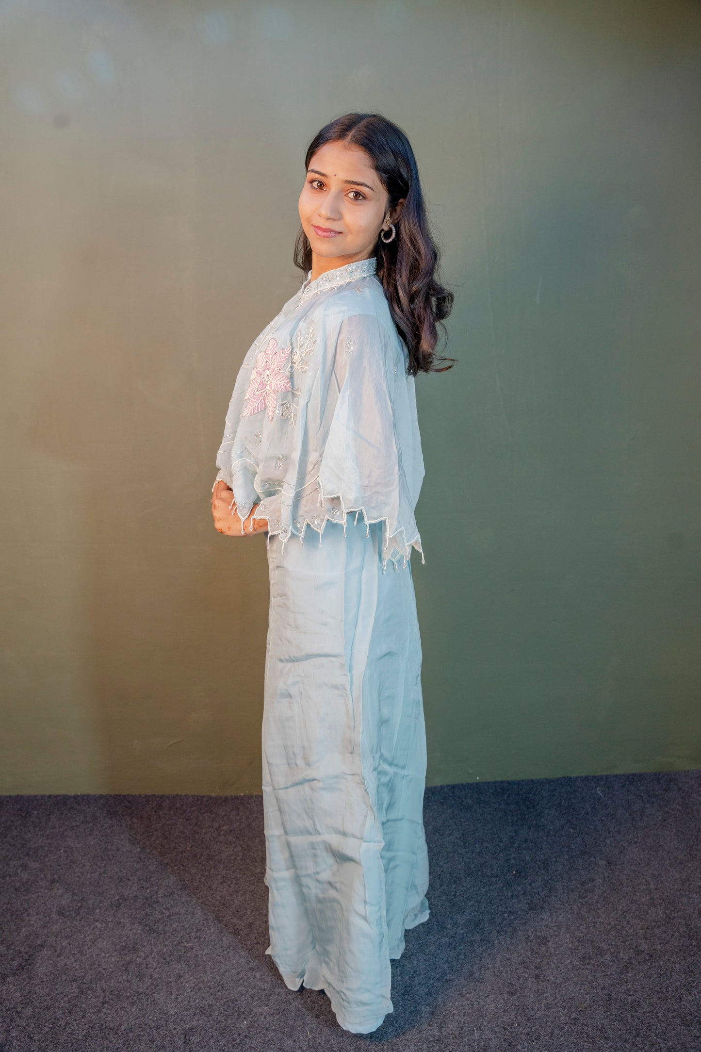 Serene Sky Blue Piping & Stone Work Indo-Western 3-Piece Set