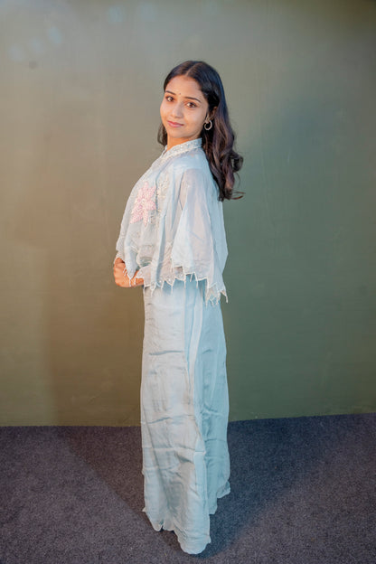 Serene Sky Blue Piping & Stone Work Indo-Western 3-Piece Set