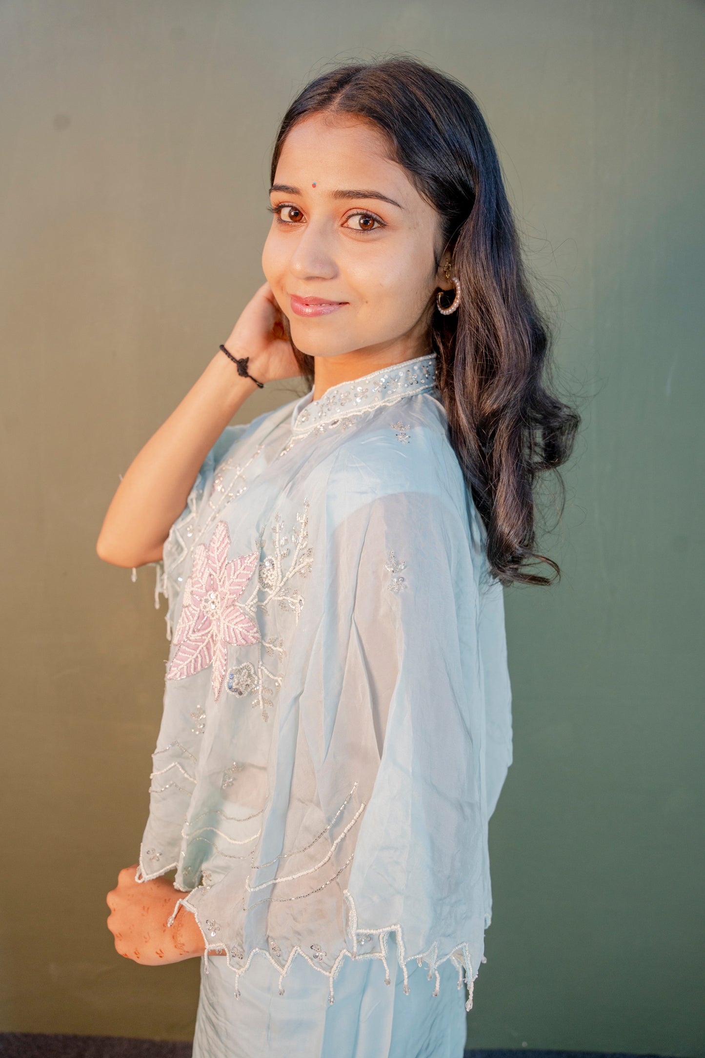 Serene Sky Blue Piping & Stone Work Indo-Western 3-Piece Set