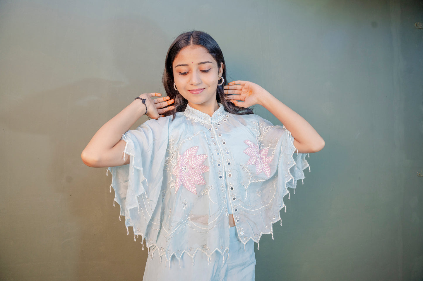 Serene Sky Blue Piping & Stone Work Indo-Western 3-Piece Set