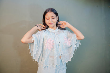 Serene Sky Blue Piping & Stone Work Indo-Western 3-Piece Set