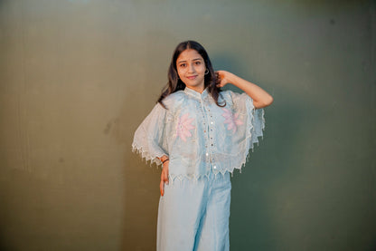 Serene Sky Blue Piping & Stone Work Indo-Western 3-Piece Set