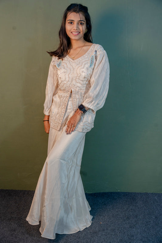 Pristine White Piping & Stone Work Indo-Western 2-Piece Set