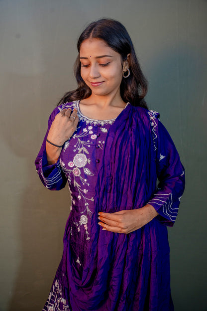 Amethyst Charm Purple Piping & Stone Work Indo-Western 2-Piece Set with Attached Dupatta