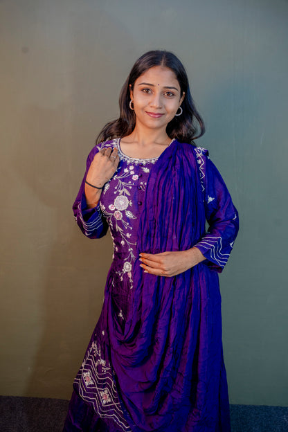 Amethyst Charm Purple Piping & Stone Work Indo-Western 2-Piece Set with Attached Dupatta