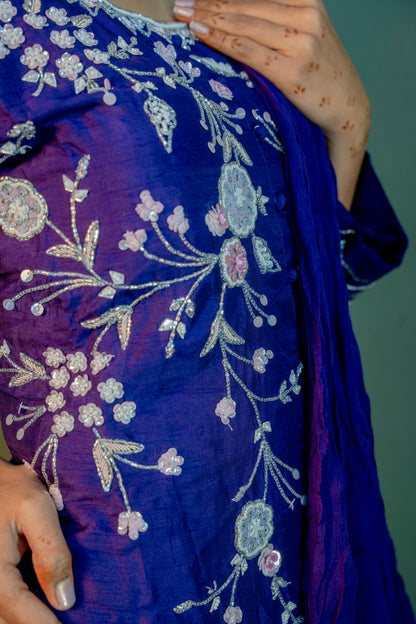 Amethyst Charm Purple Piping & Stone Work Indo-Western 2-Piece Set with Attached Dupatta