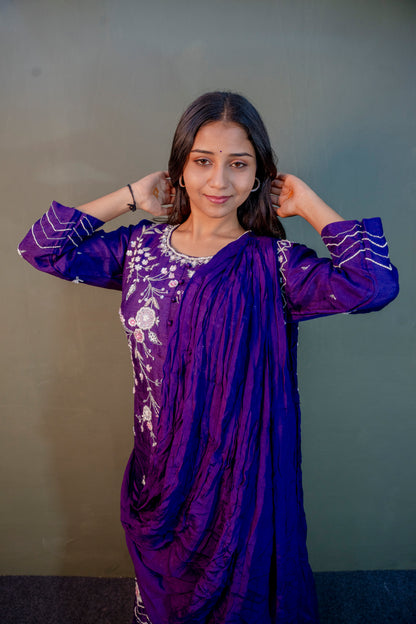 Amethyst Charm Purple Piping & Stone Work Indo-Western 2-Piece Set with Attached Dupatta