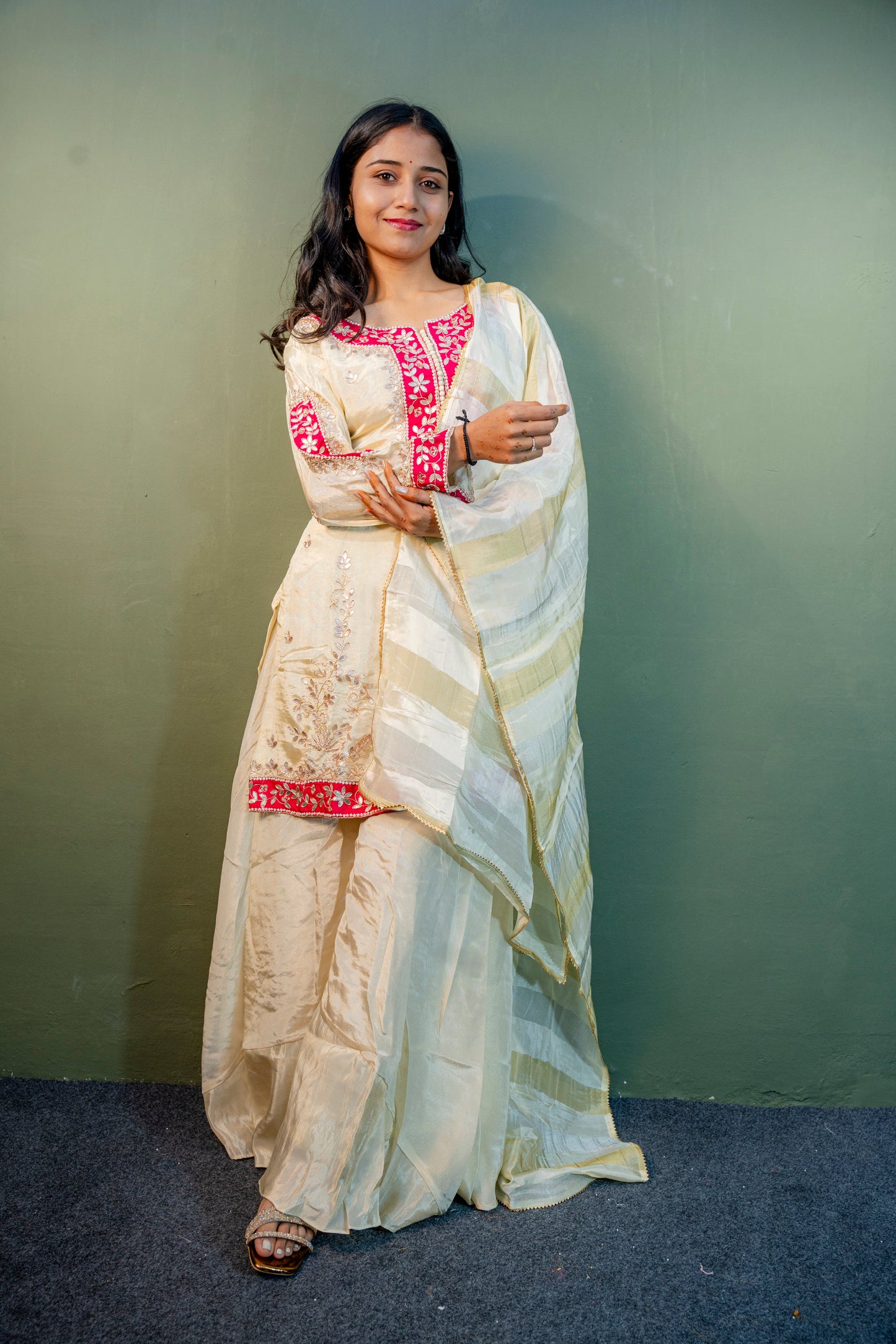 White with Pink Border Indo-Western 3-Piece Set