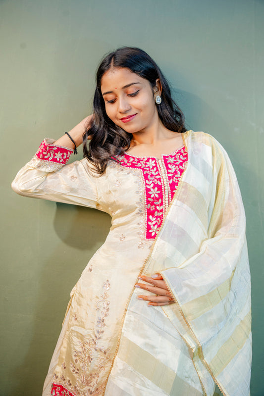 White with Pink Border Indo-Western 3-Piece Set