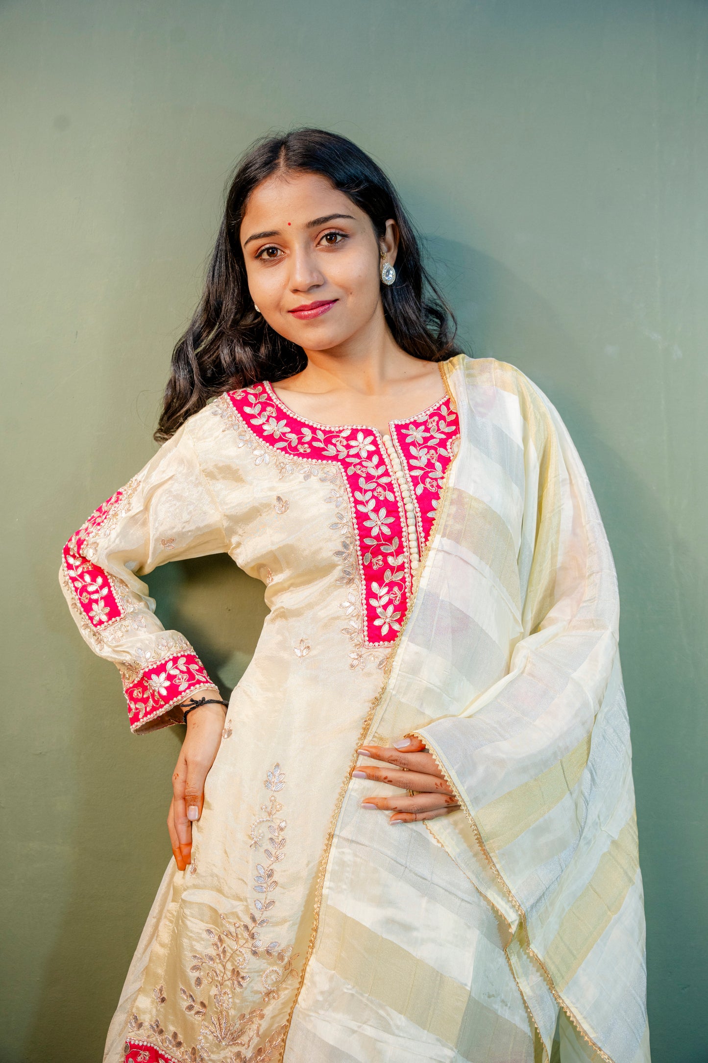 White with Pink Border Indo-Western 3-Piece Set